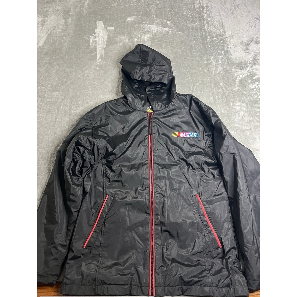 NASCAR Mens Jacket Medium Black Hooded Full Zip Racing Windbreaker Coat